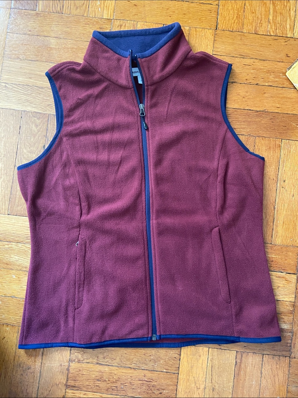 Zipper Closure Women’s Burgundy Fleece Vest with Navy Trim